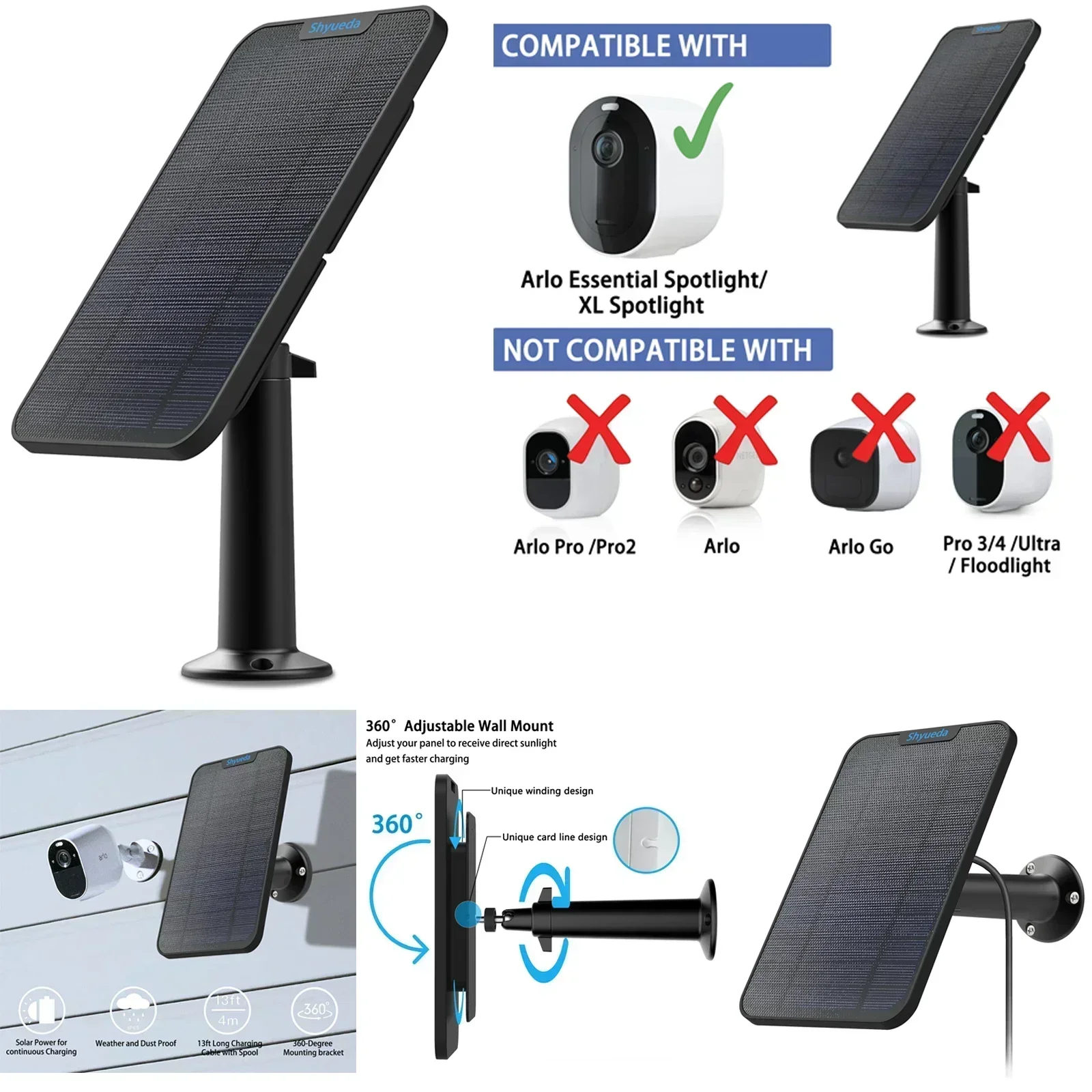 

New 4W Solar Panel Charging for Arlo Essential Spotlight / XL Spotlight cable mount (black)