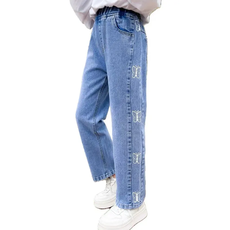 

Cool Child Jeans Pants For Girls Casual Style Girls Straight Jeans With Butterfly Pattern Kids Fashion Denim Trousers 5-14 Years