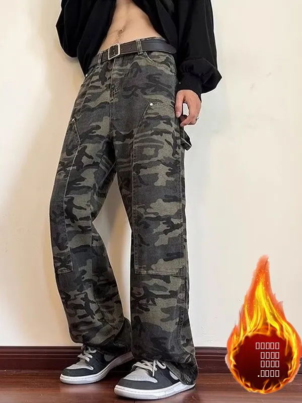 

Мужские джинсы в стиле американского ретро, с камуфляжным принтом, свободного кроя, широкие штанины, повседневная рабочая одежда, длинные брюки
