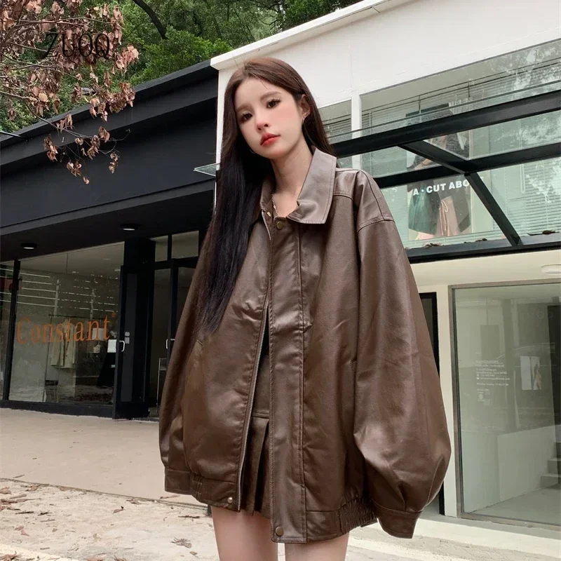 2026 Women's Faux Leather Jacket American Vintage Solid Color Pu Loose Casual Outwear Highstreet Coats Woman