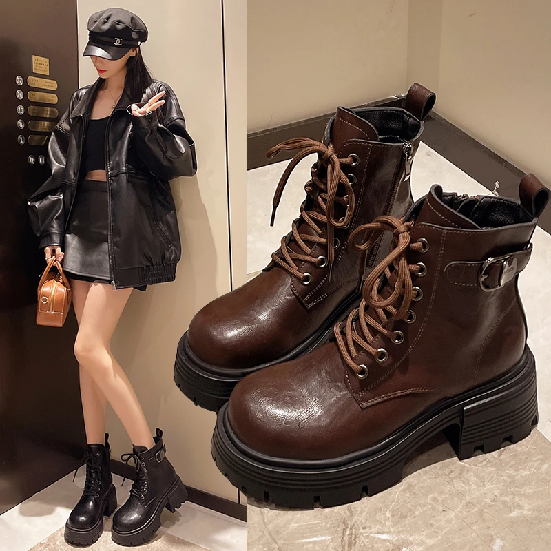 

Women's Ankle Boots High Heels Wear-resistant Anti-slip Round Head Platform Shoes Keep Warm Front Lacing Leisure Fashion Boots