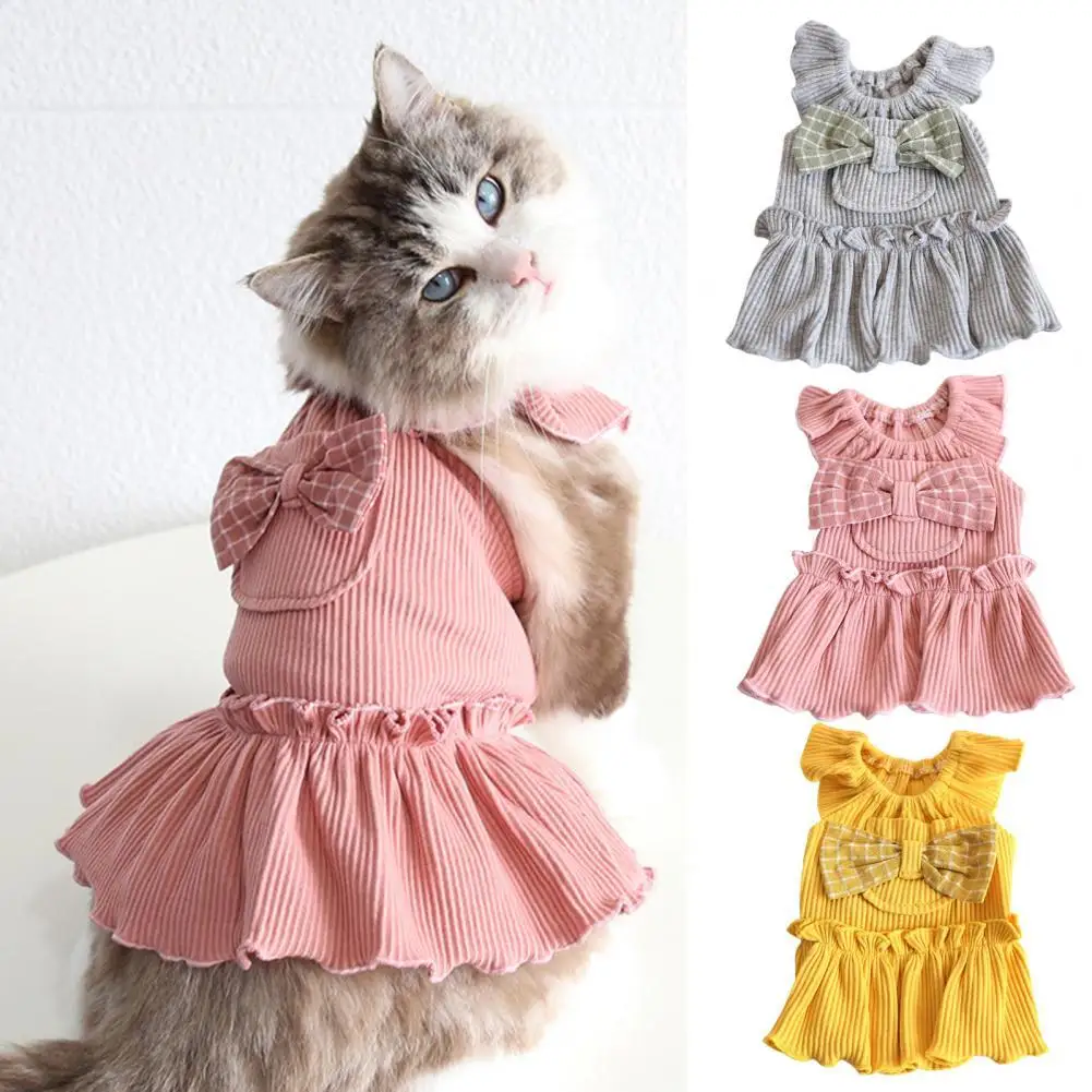 Adorable Dog Dress  Breathable Ultra-thin Pet Skirt  Doggy Kitten Summer Bowknot Pocket Sling Dress