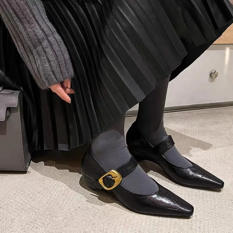 أحذية نسائية موضة 2025 بكعب وحيد للخريف أحذية نسائية جديدة برأس مدبب وحزام بفم ضحل وإبزيم نعل ناعم أحذية مانعة للانزلاق للسيدات