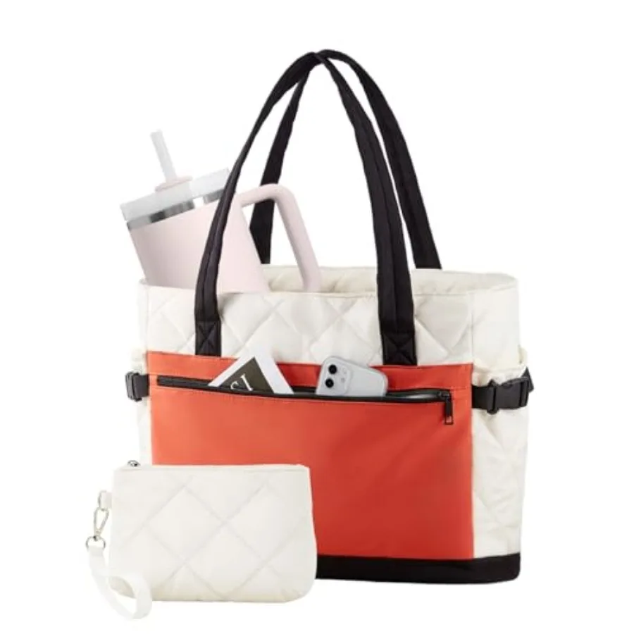 

Puffer Tote Bag for Women, Work Bag with Cup Holder, Teacher Bag with Compartments, Quilted Tote Bag with Zipper for Travel