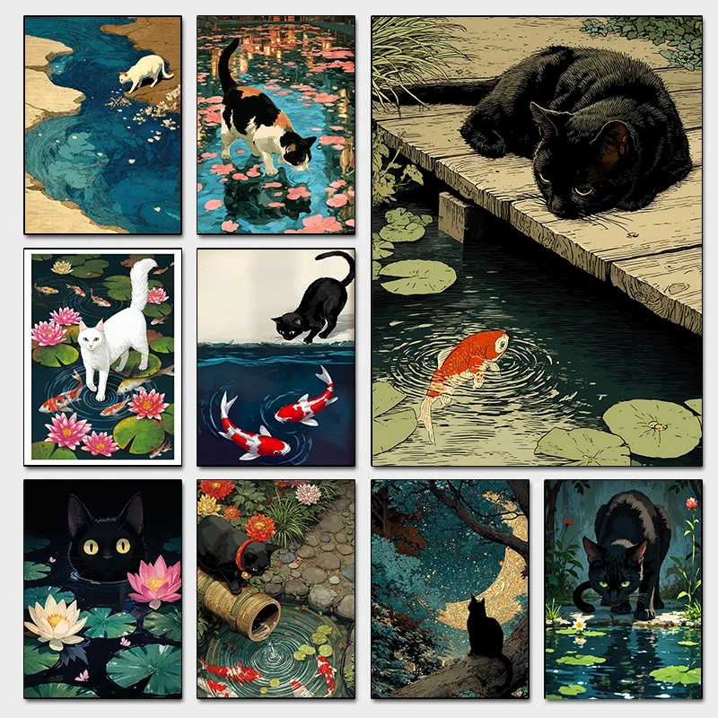 Classic Black Cat Koi Pond Posters Vintage Koi Fish Guardian River Modern Prints Canvas Wall Art Pictures Home Living Room Decor