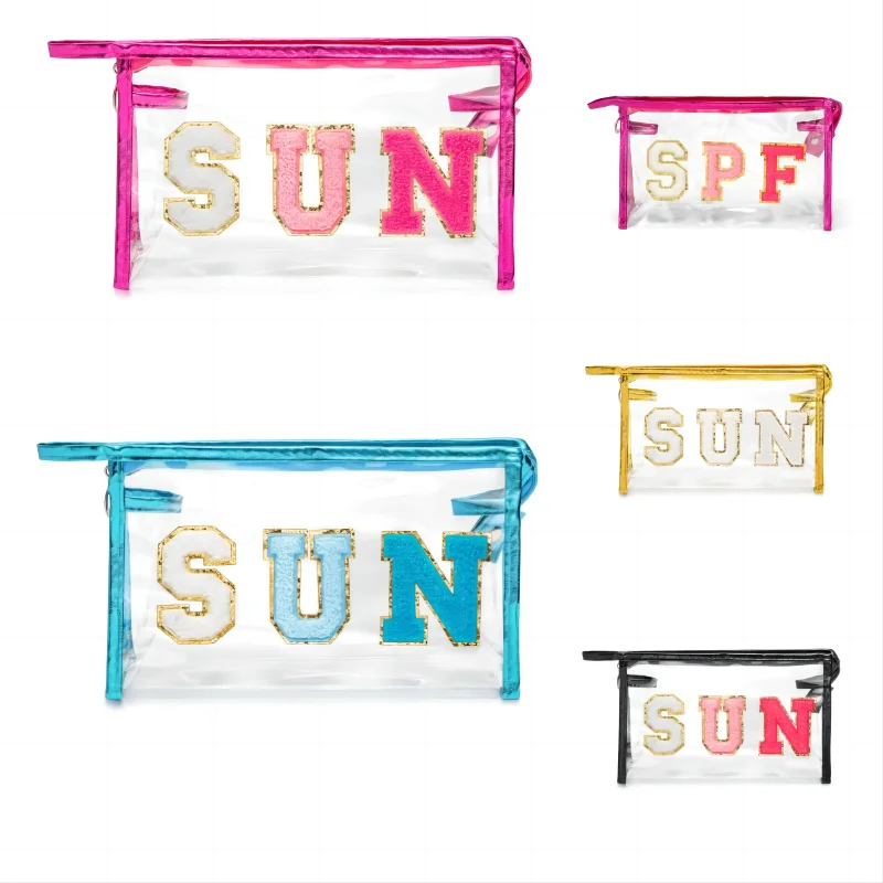 Transparent PVC Storage Bag Portable Travel Cosmetic Toiletry Bag Waterproof Preppy Patch SUN SPF Letter Zipper Pouch for Teens