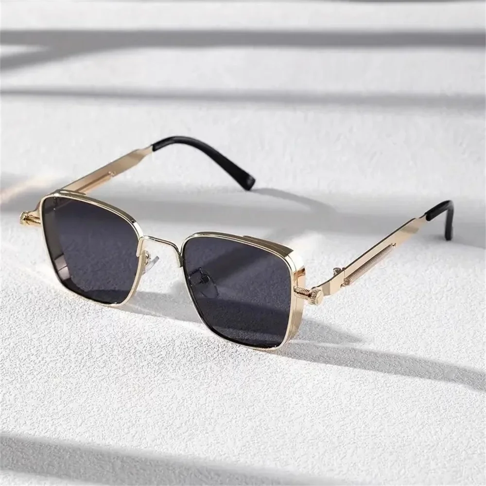 Lunettes de soleil vintage steampunk carrées pour hommes, monture métallique avec charnières à ressort, lunettes tendance pour femmes, idéales pour la conduite