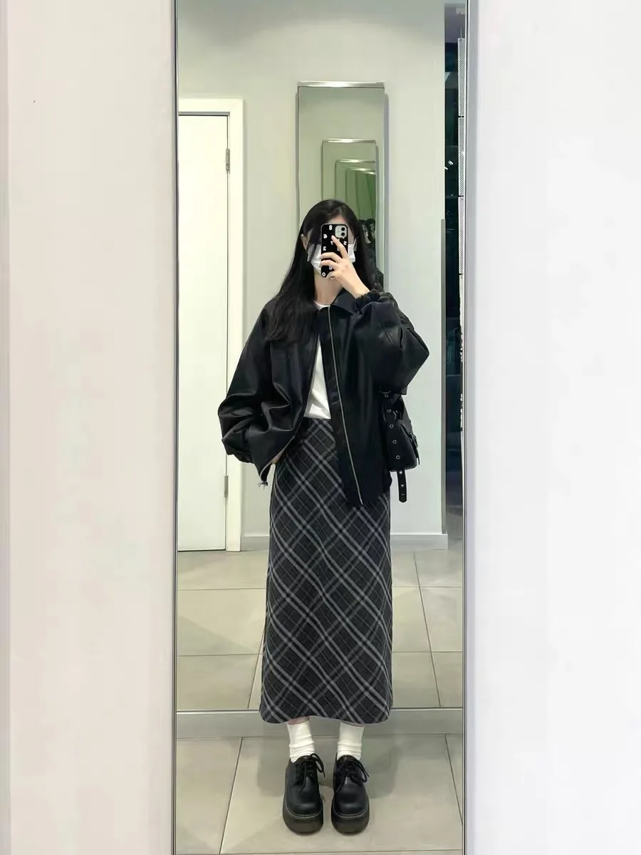 High Waist A-Line  Skirt Women's plus Size Checkered Woolen Skirt Spring Autumn Sweater Matching Slimming Long Skirts