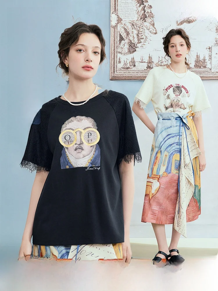 

Summer New Women's Loose Lace Splicing Print ort Sve T-irt Casual Sle Cotton Blend Fabric round Ne Regular Length