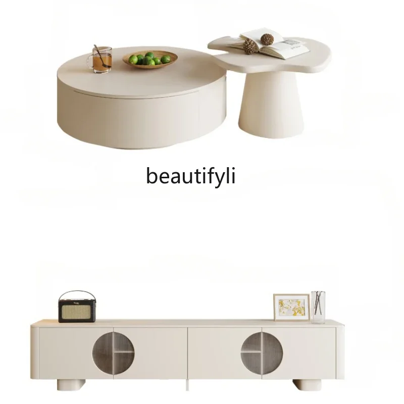 

French Cream Style Coffee Table TV Cabinet Combination Modern Simple and Light Luxury Coffee Table Floor Cabinet Combination