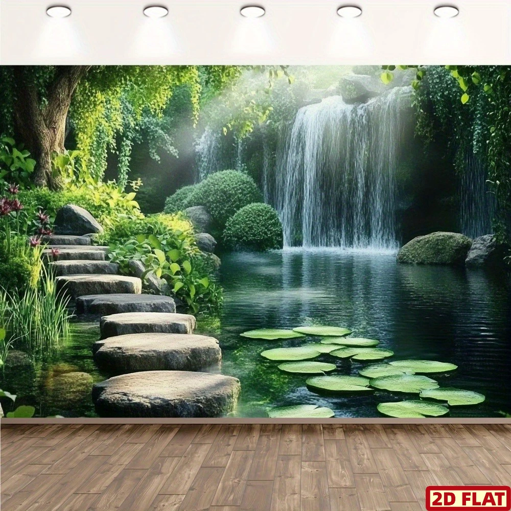 2D Flat, 1pc Self-Adhesive Zen Waterfall Tapestry - Realistic 2D Forest Wall Art with Lush Greenery, Stone Steps & Koi Pond Pond