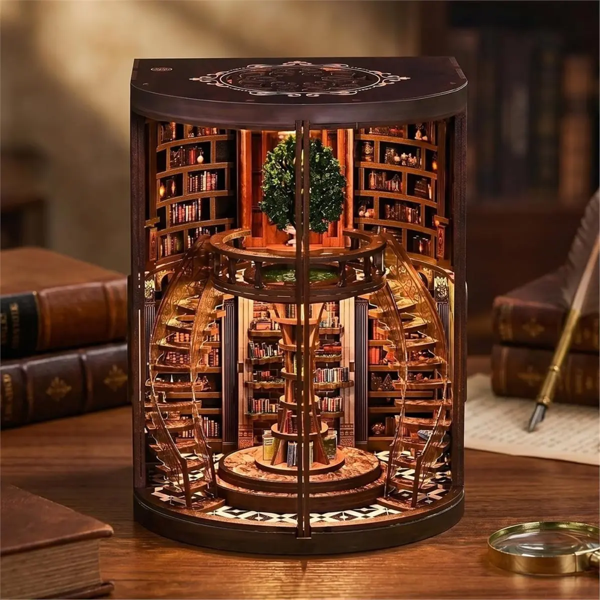 Multi-use Gear Book Nook Kit Tree of Time Library with Dual LED Lights, 356 Pieces DIY Miniature Bookshelf Insert 3D Wooden Puzz
