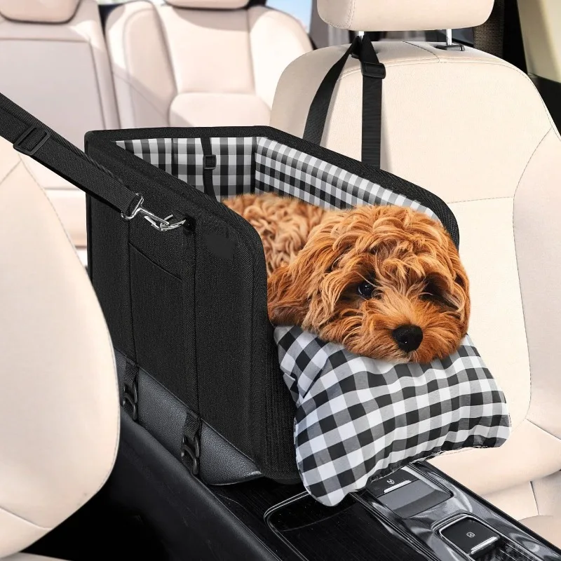 Car Pet Car Seat Portable Dog Armrest Small Dog Lattice Seat with Padded Seat Belt