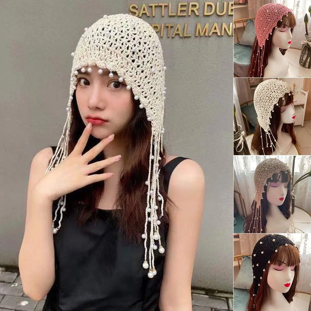 Sweet Handmade Crochet Hats Pearl Ethnic Headscarf Hats Breathable Retro Knitted Caps Summer