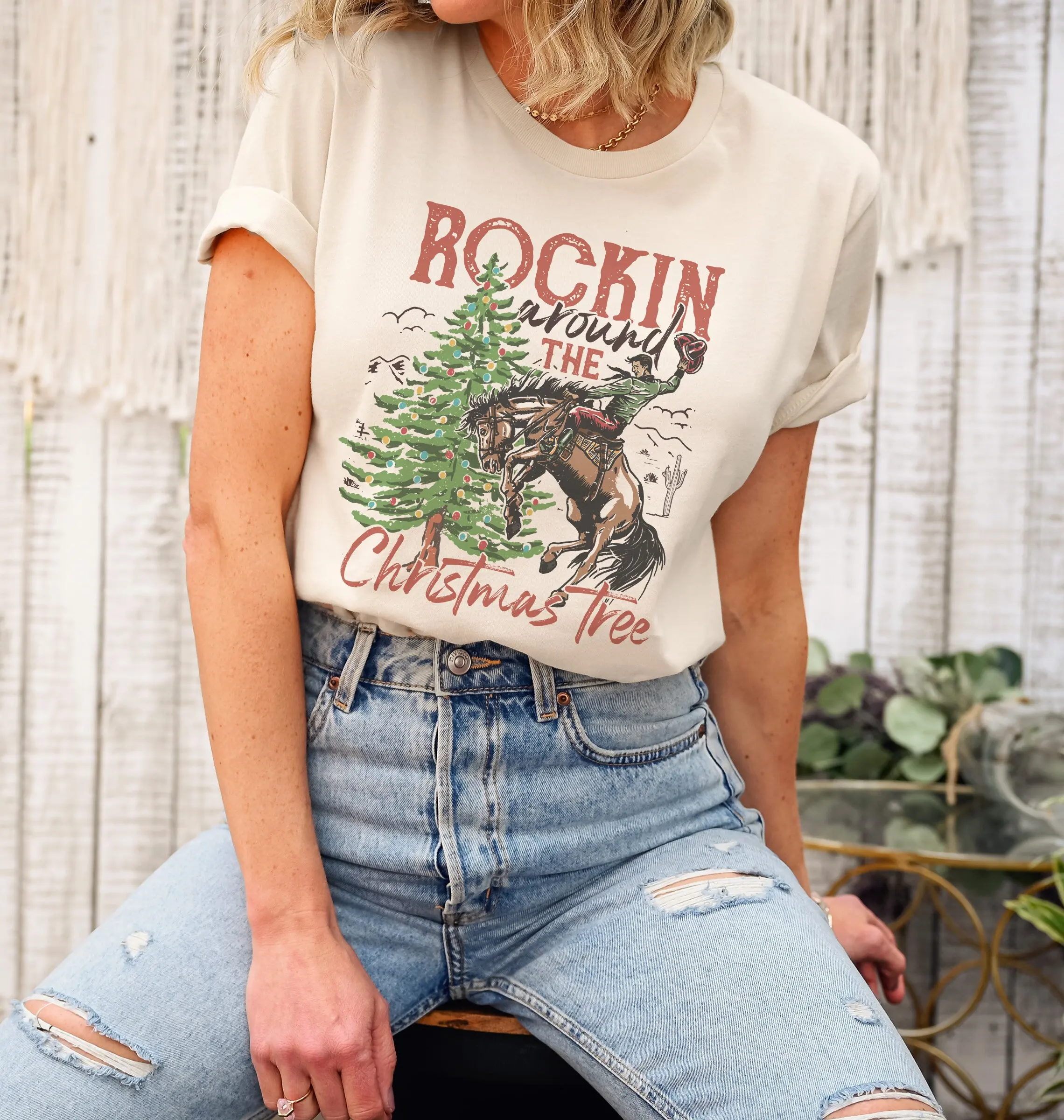 Rockin Around The Christmas Tree T Shirt Retro Western Howdy Yeehaw Midwest Horse Girl