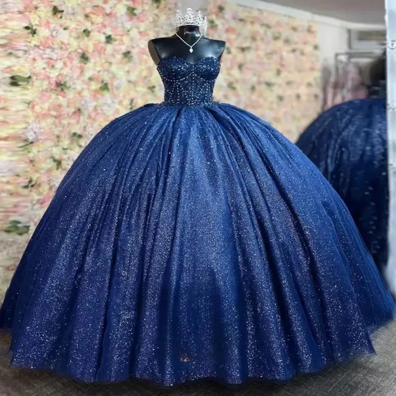 

Navy Blue Glitter Sweetheart Quinceanera Dresses Ball Gown Beads Crystal Tull Lace Up Sweep Train Vestidos De 15 Anos Sweet 16