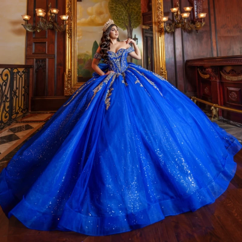 

Royal Blue Shiny Quinceanera Dresses Off The Shoulder Applique Lace Beads Bow Tull Corset Party Birthday Sweet 16 Dress Vestidos