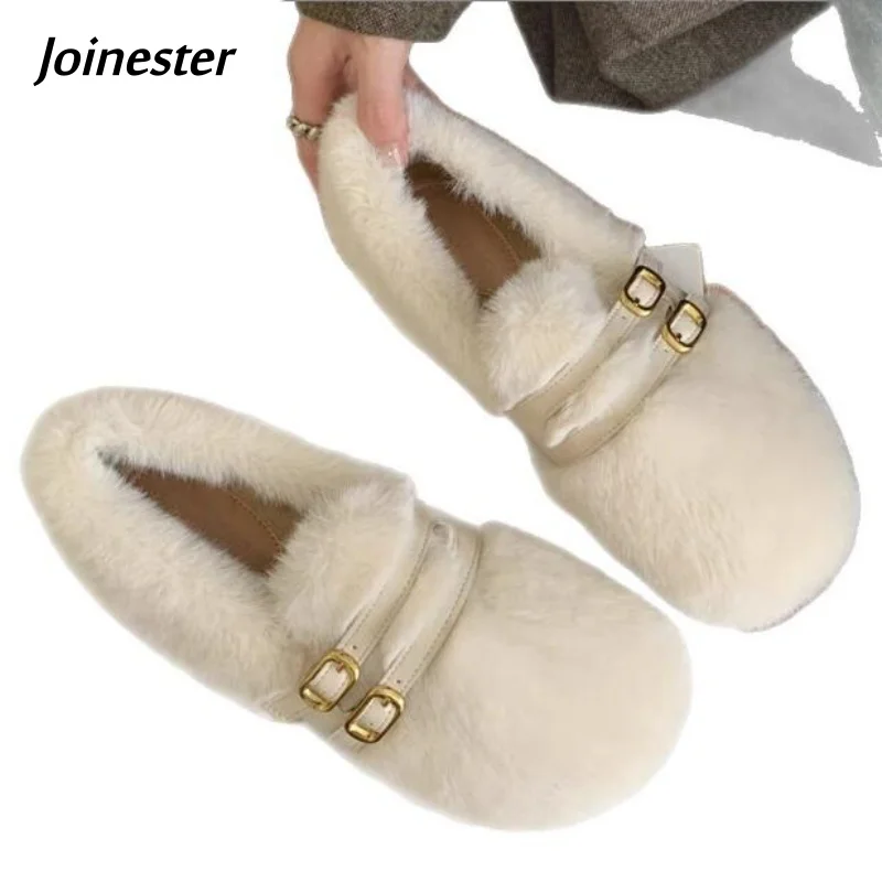 

Women's Faux Fur Winter Moccasins Flat Heeled Slip-On Warm Cotton Loafers Pure Color Leisure Fashion Shoes for Girls