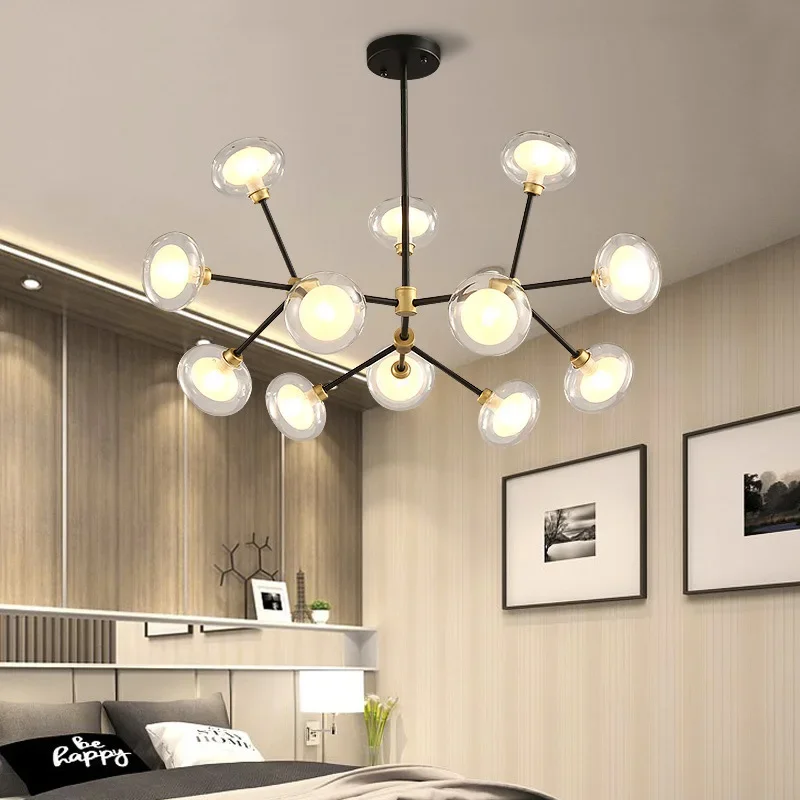 

Nordic Designer Black Wrought Iron Chandeliers Transparent Glass Pendant Lights Living Room Bedroom Kitchen Office Hanging Lamps