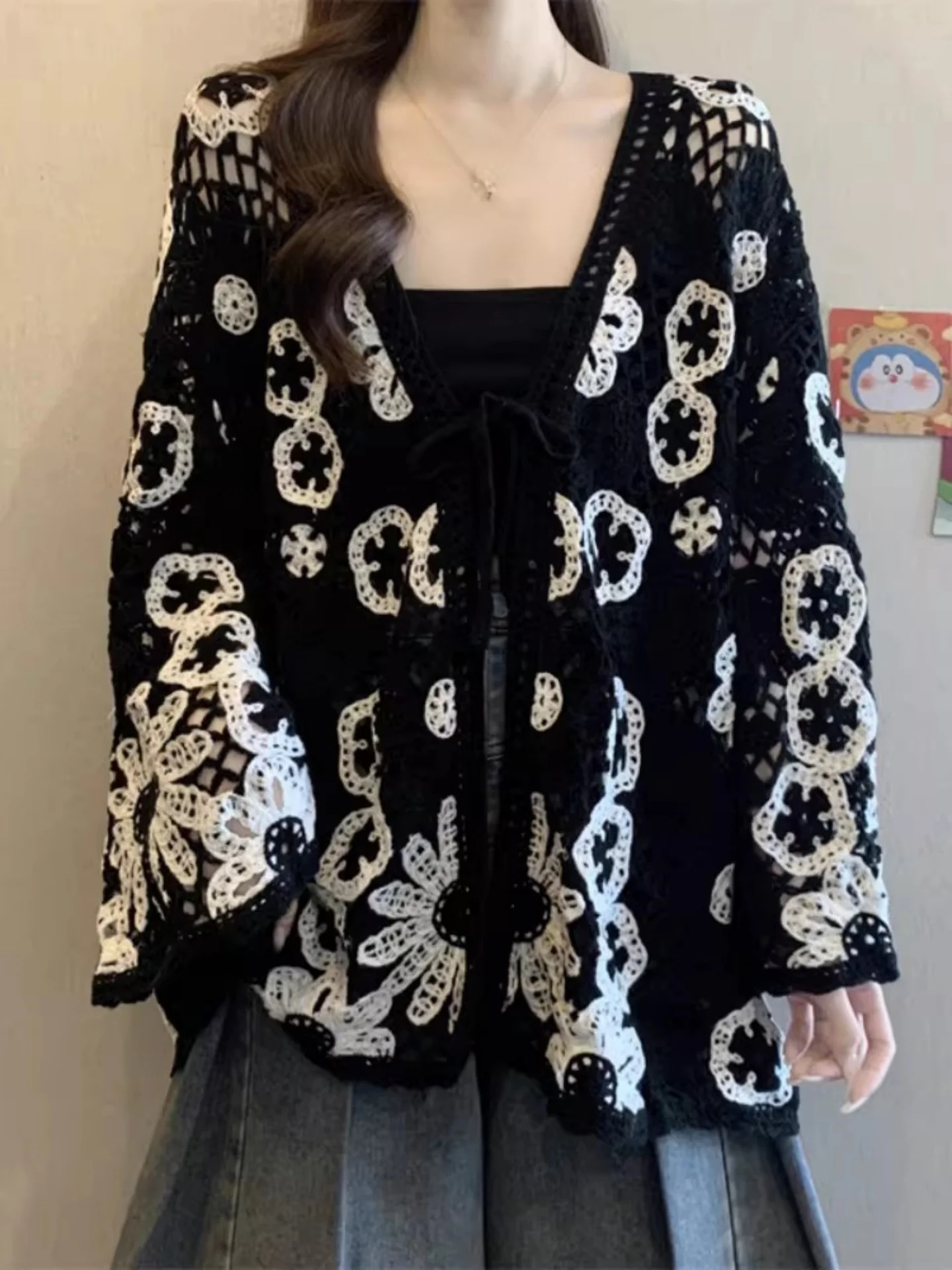Black Lace Hollow Long Sleeve Knitted Open Cardigan Women's Early Autumn plus Size Stylish Ageless Outerwear Top