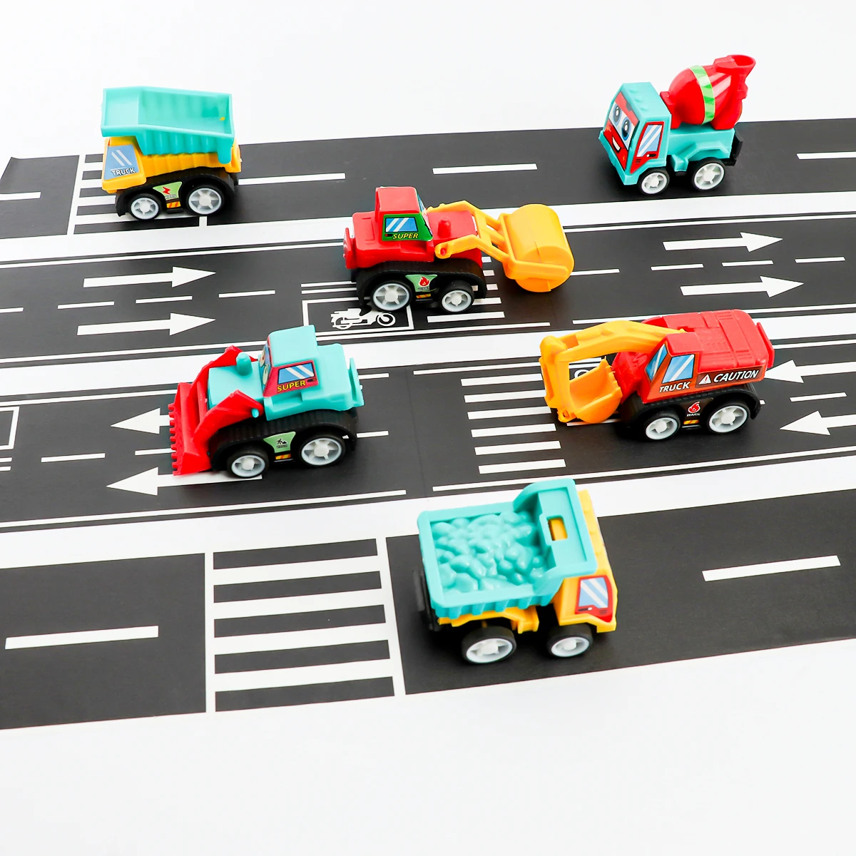 15Pcs Mini Inertial Pull Back Engineering Car Set with Road Tape & Barriers - Kids Cartoon Educational Craft Toys Birthday Gift