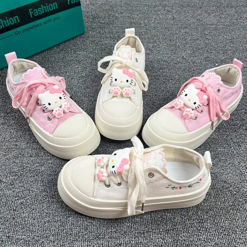 

Sanrio Hello Kittye Women's Thick Soled Embroidered Canvas Shoes Autumn New Versatile Casual Board Shoes Festival Gift