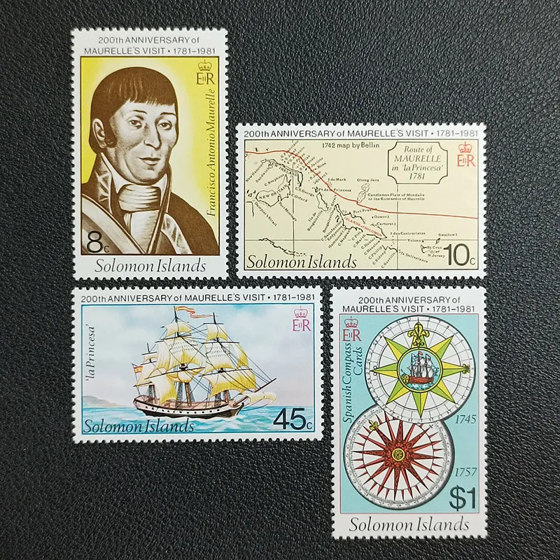 Islas Salomón Y1981 Mapa de ruta náutica del navegador español Murrell 4 nuevas estampillas postales coleccionables Material para álbumes de recortes