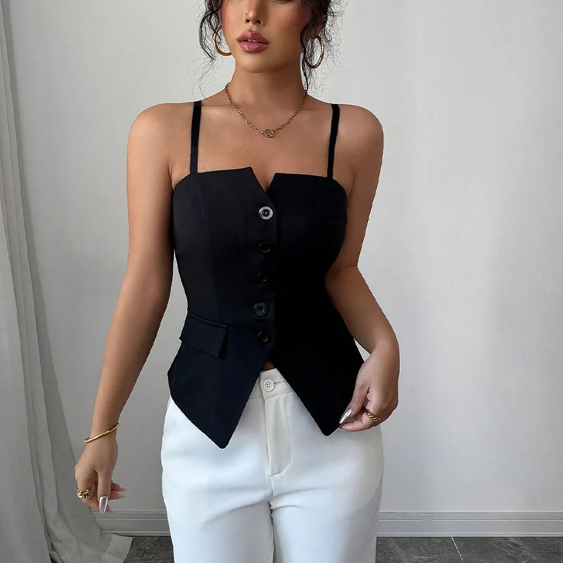

Top Women 2025 Summer New Style Solid Color Single Breasted Elegant Square Neck Sleeveless Casual Versatile Daily Vest Top