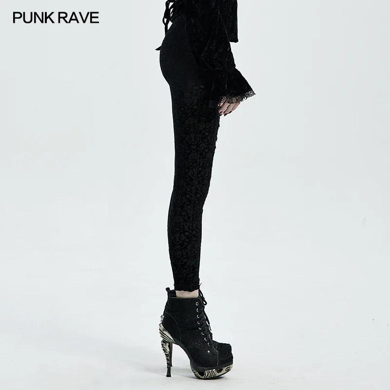 PUNK RAVE Women's Gothic Palace Retro Burn Out Flower Leggings Daily Wear Adjustable Elastic Band Skinny Delicate Pencil Pants