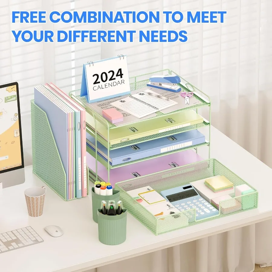 منظم ملفات سطح المكتب مكون من 4 طبقات مع درج وحاملين أقلام لتخزين اللوازم المكتبية ومنظم مساحة العمل الخضراء مع الممارسة #4