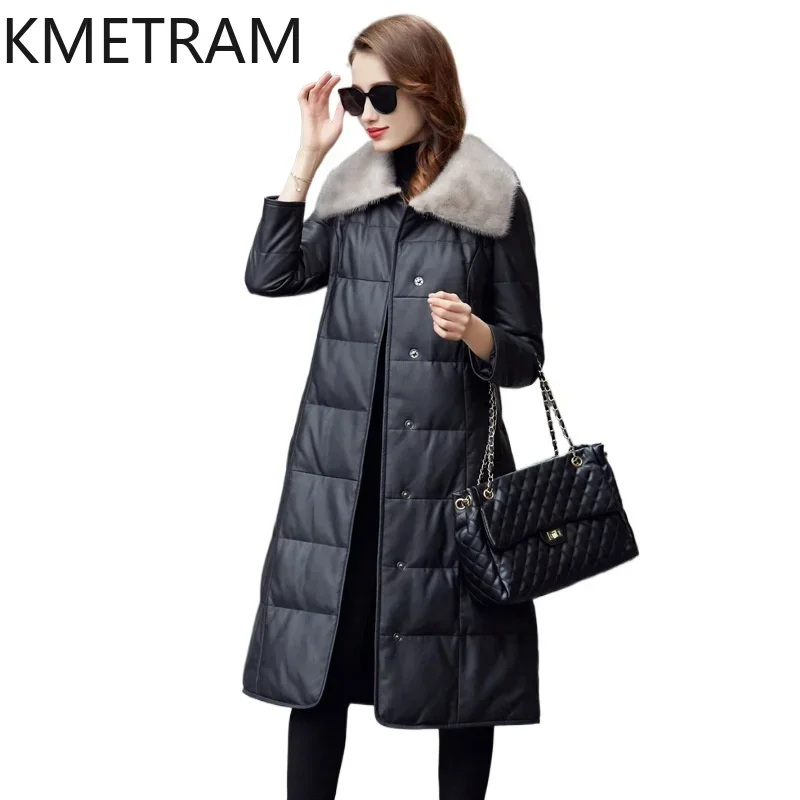 Natural Sheepskin Puffer Jacket Women Clothing Mink Fur Collar Fashion Long Down Coats 2024 Winter Black Jackets Пуховик Женский