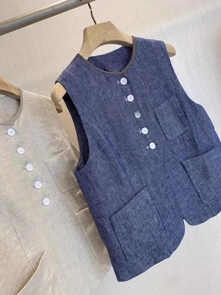 

High Quali Retro Money Sle BC Stereo Tailoring Color Woven Fake Jeans Linen round Ne Vest Jaet Commute Sle Summer S...