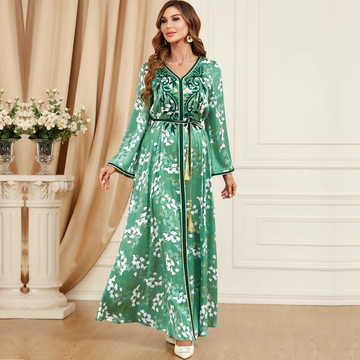 

Morocco Kaftan Floral Print Eid Party Dresses for Women Muslim Belted Abaya Dubai Turkey Kaftan Islamic Jalabiya Vestidos Caftan