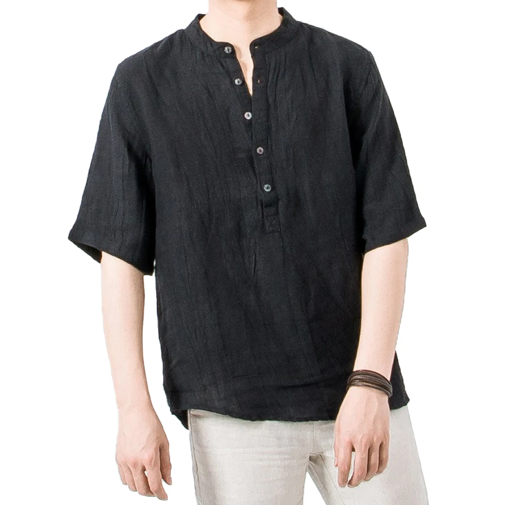 

Blouse Men Shirt Gray Male O Neck Short Sleeve Slight Stretch Solid Color Stand Collar White Vacation Comfortable