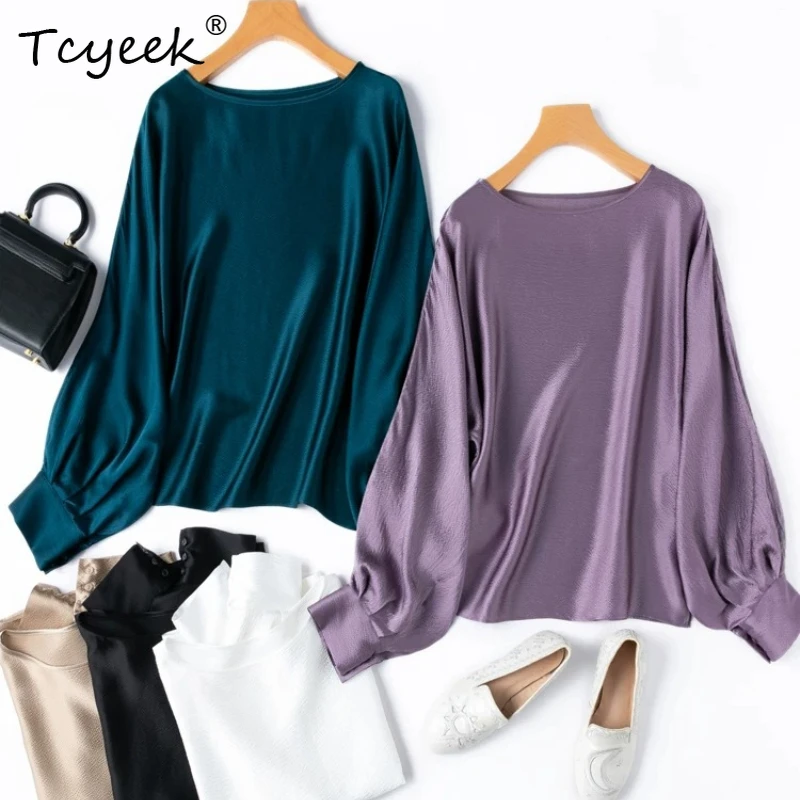 

Tcyeek 100% натуральные шелковые рубашки для женщин, весна-лето 2026, блестящие свободные рубашки с рукавами-фонариками, одежда для дам, топы De Mujer