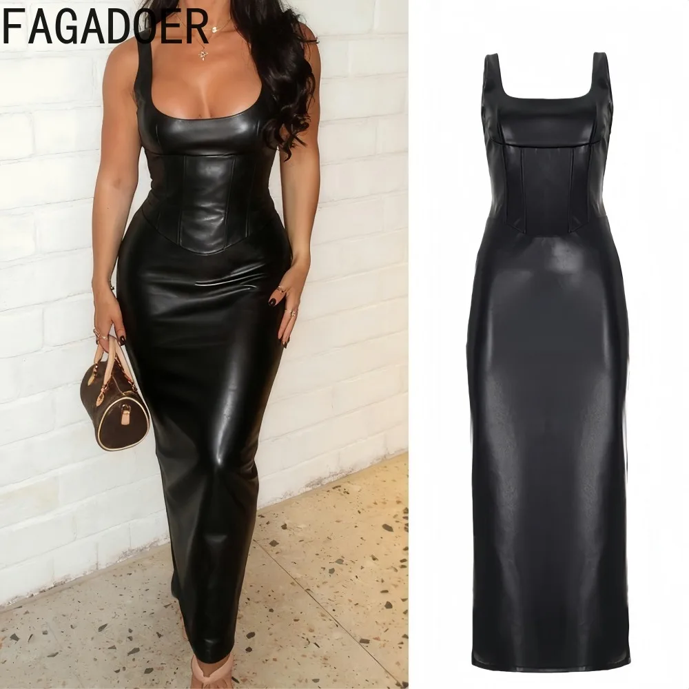 

FAGADOER Sexy Leather Patchwork Bodycon Dresses for Woman Spaghetti Strap Sleeveless Backless Dress Female Streetwear Vestidos