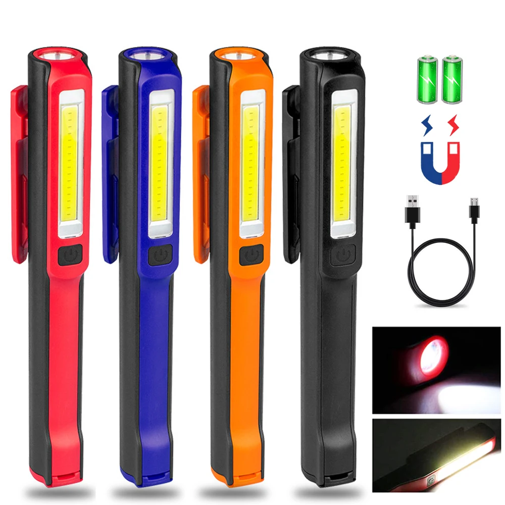 

LED+COB USB Flashlight Rechargeable Work Light Mechanic Inspection Lamp Portable Hand Pocket Pen Floodlight Magnet Clip Camping