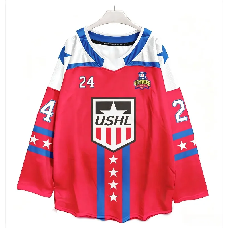 Unisex USHL Inspired Ice Hockey Jersey 3D Print Star Flag Emblem Graphic Breathable Long Sleeve Sports Fan Top Adults Kids