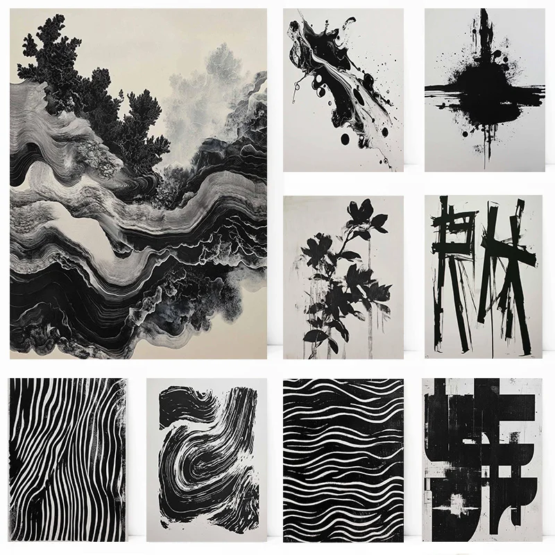 Abstract Black And White Flowing Lines Ink Landscape Minimalist Poster Print Wall Art Pictures Canvas Painting Room Home Decor