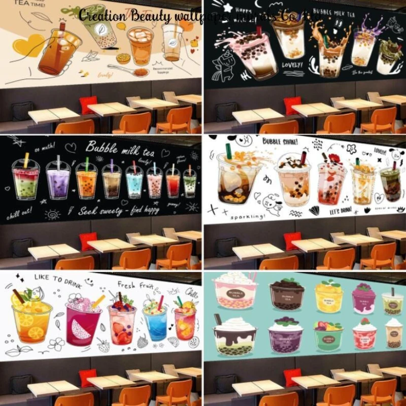 Custom Bubble Tea Wall Paper Mural Milk Tea Shop Afternoon Tea Restaurant Background Peel and Stick Wallpaper Papel De Parede