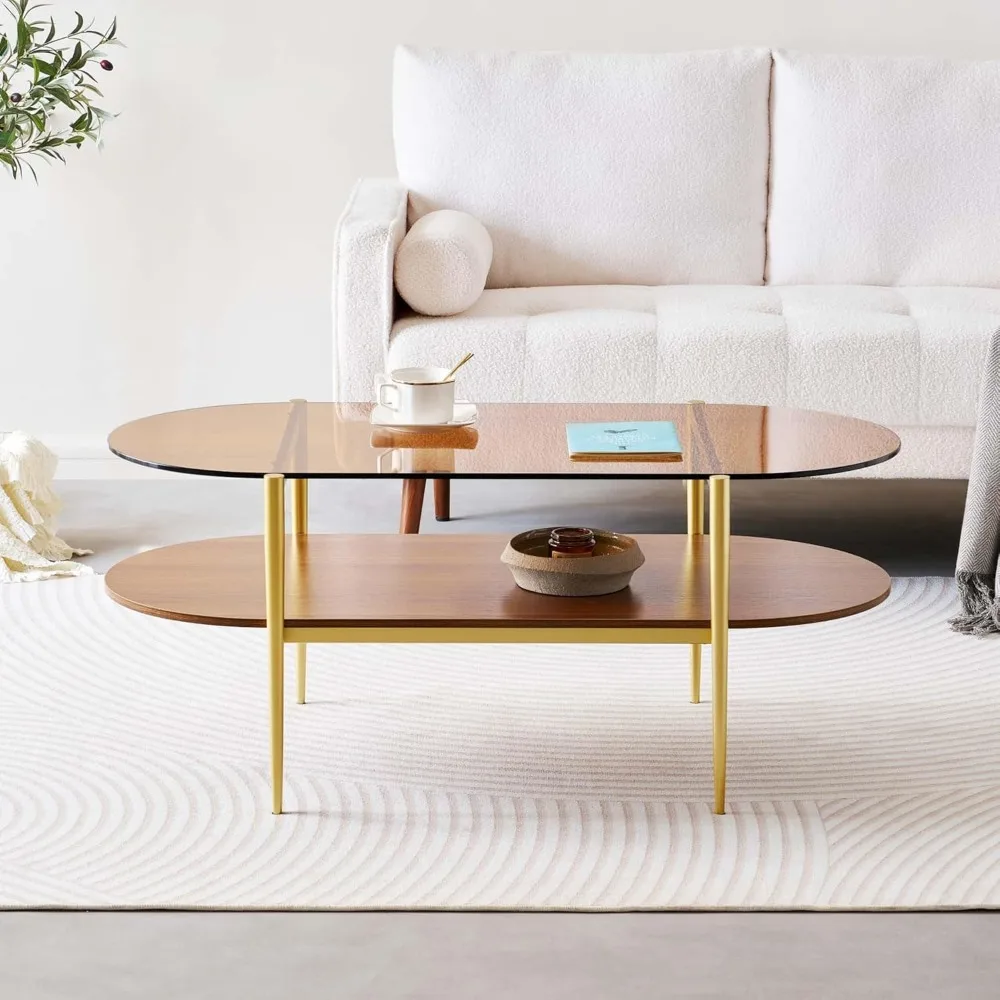 Mid-Century Oval Glass Coffee Table with Amber Top, 2-Tier Living Room Furniture, 41L x 21W x 17H