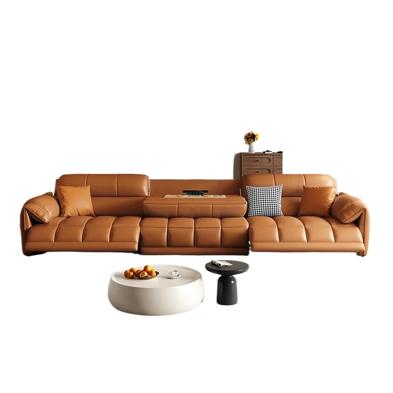 

First class electric leather sofa, living room first layer cowhide modern simple straight row zero wall sofa
