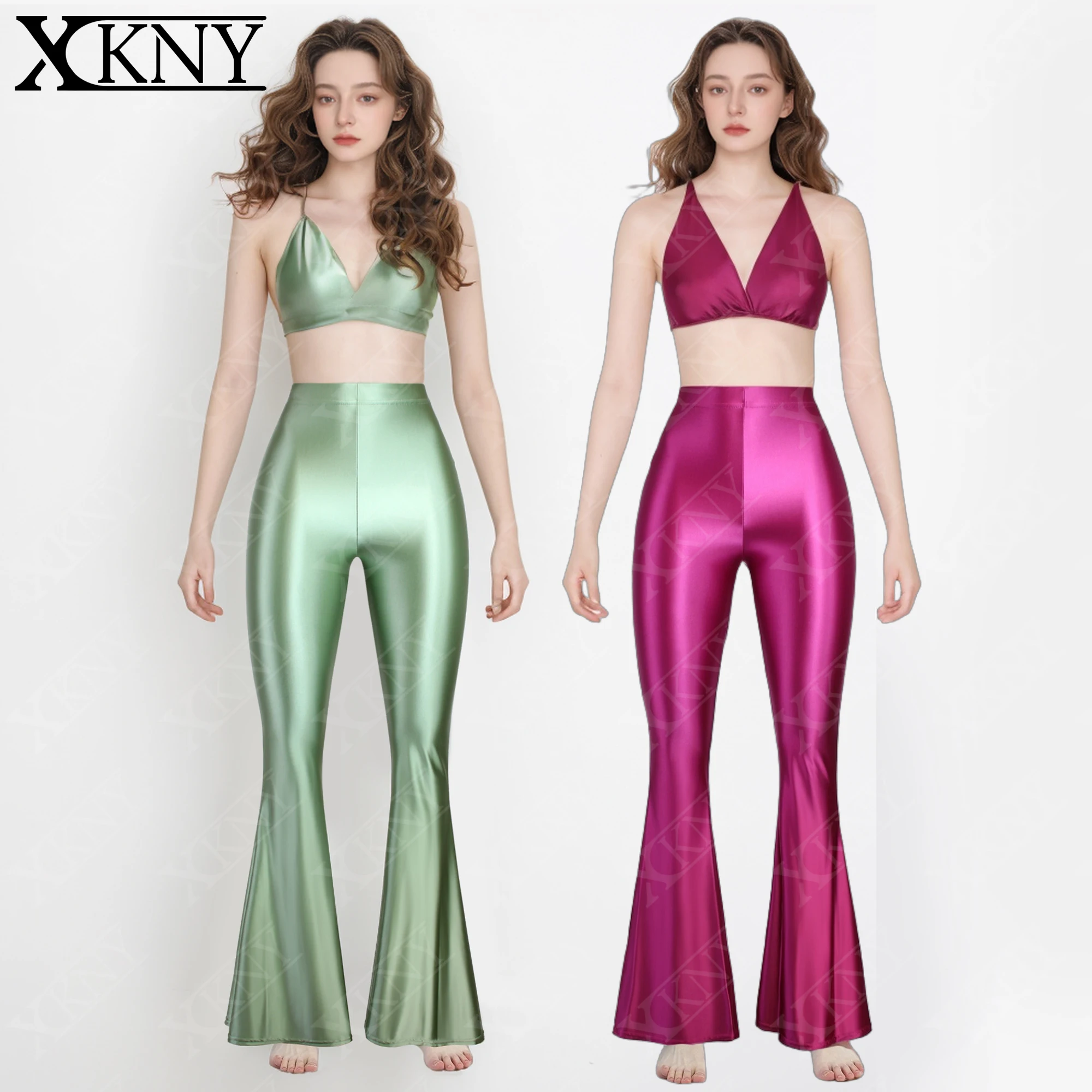 XCKNY satin glossy long pants high waisted tight flared pants shiny yoga dance sports tight pants