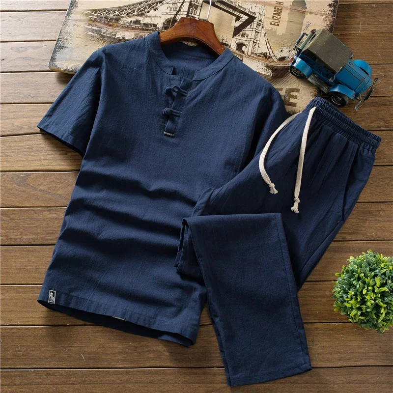 Men\'s High Quality Summer Comfortable Pure Cotton+Linen Sets Thin T-shirt+pants Men Loose breathable Shirt + trousers Size M-5XL