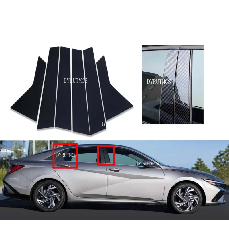 6Pcs Silver Gloss Black Pillar Posts Fit For Hyundai Elantra 2021 2022 2023 Window Cover Door Side Moulding Trim Sticker  Carbon