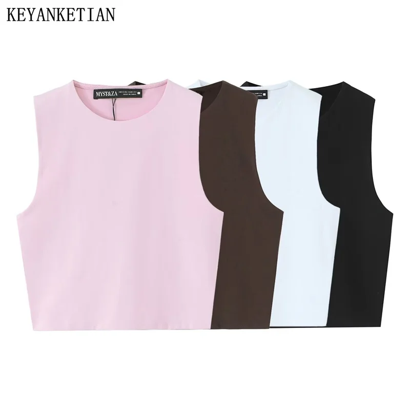 

KEYANKETIAN Summer New Women's Cotton Vest Solid color O-Neck Sleeveless Crop Top Street style Slim Sheath Camisole Pullover