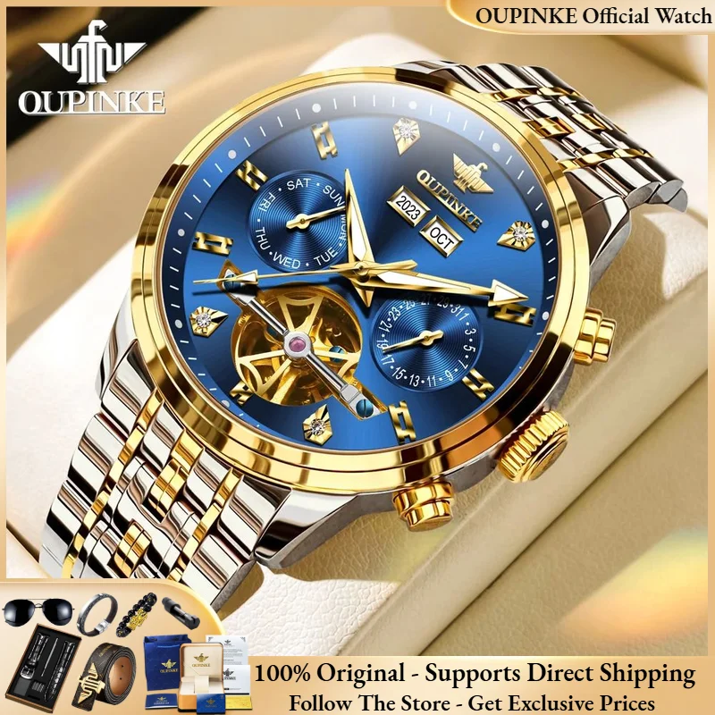 OUPINKE 3248 Skeleton Flywheel Men Automatic Mechanical Watch Luxury Multi functional Waterproof Men Formal Sports Watch Reloj