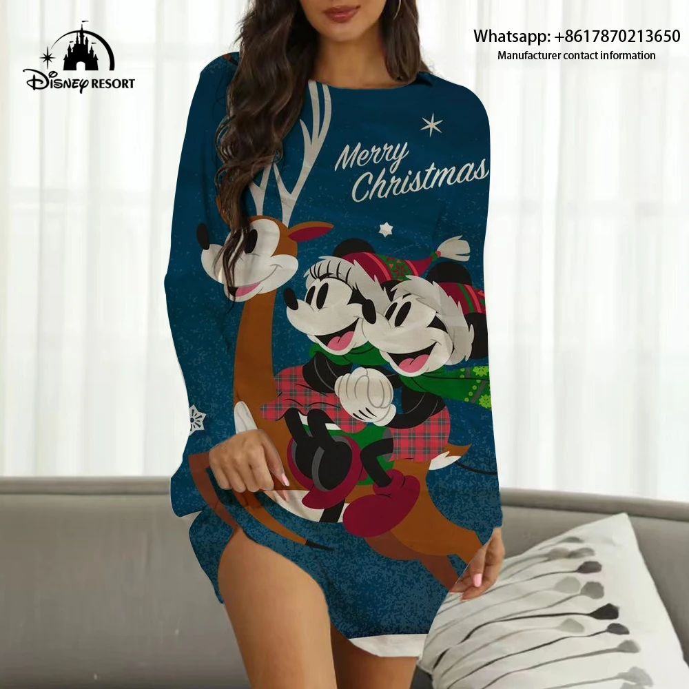 2022 New Disney Brand Mickey and Minnie Anime Print Christmas Fall Ladies Sexy Party Club Dress Women Boho Homewear