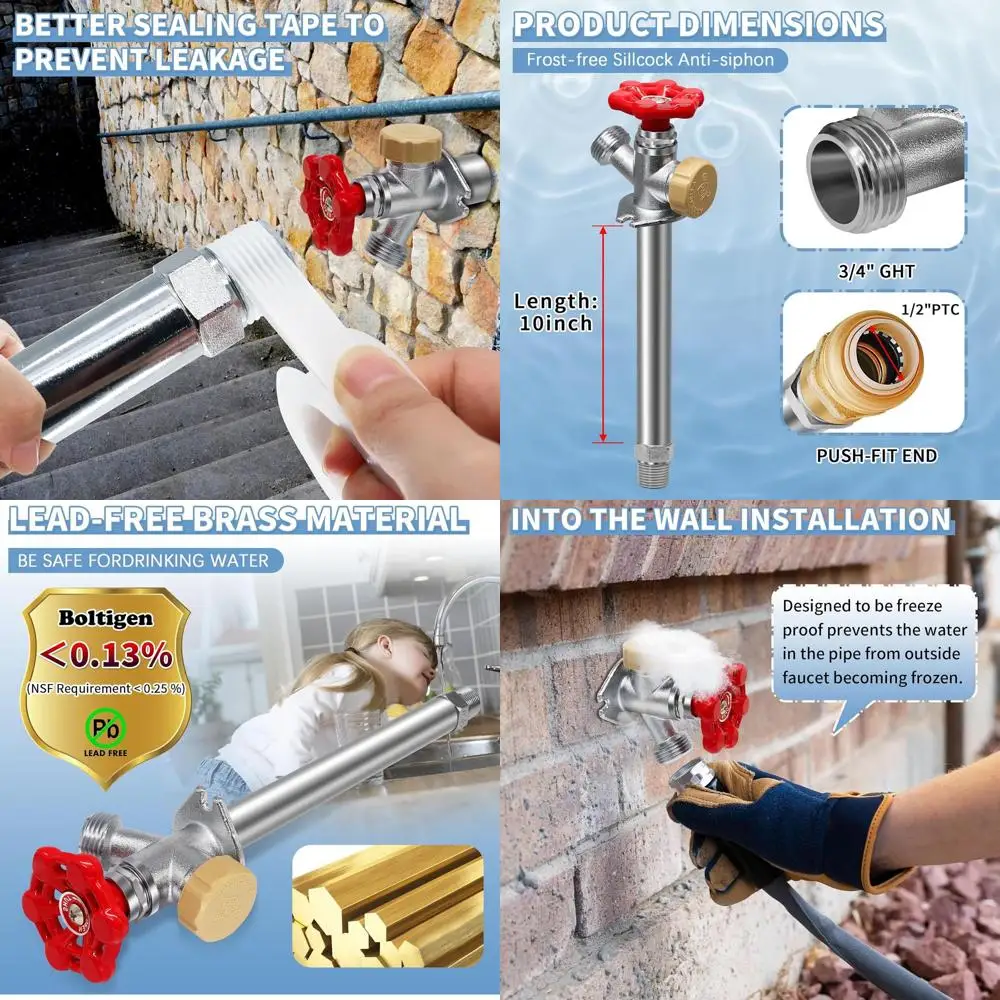 

Lead-Free Brass Anti-Siphon Sillcock, 10 Frost-Resistant Outdoor Faucet with 1/2 Push-Fit and 3/4 GHT Hose Connection