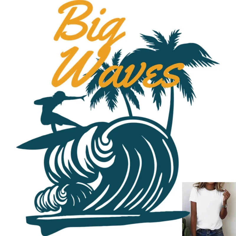 Summer Surf Theme Heat Transfer White Ink Iron - on Patch, Coconut Tree & Wave Print, Suitable for T - shirts/Canvas Bags,
